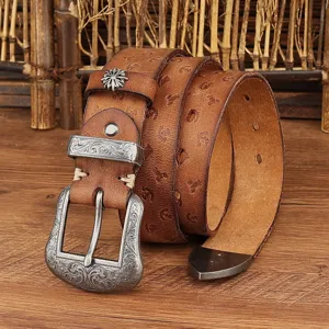 Vintage genuine leather belt with ornate floral carved buckle and cross motif for men and women.