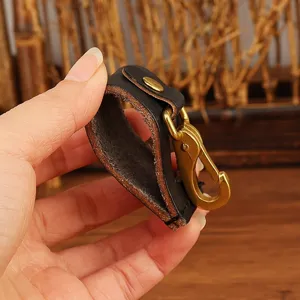 Genuine leather key holder belt loop clip with brass hook EDC key ring accessory detail view