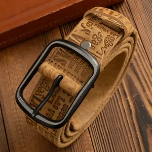 Vintage men's genuine leather belt with metal pin buckle and embossed text, rolled up neatly.