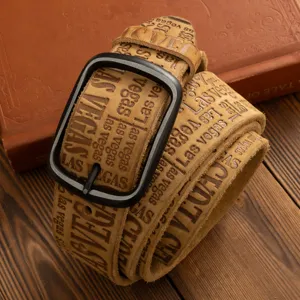 Vintage men genuine leather belt casual jeans pin buckle embossed design stylish waist strap