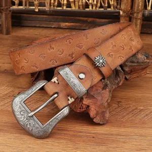 Retro genuine leather embossed pin buckle belt with vintage carved metal details for casual wear.