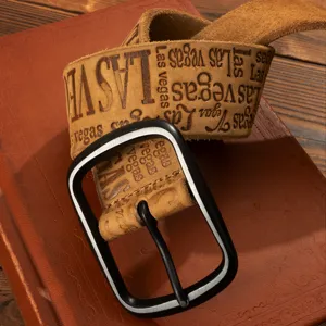 Vintage genuine leather mens belt with stylish metal pin buckle and letter print.