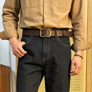 Vintage brown leather belt for men with classic square pin buckle, retro casual jeans belt.