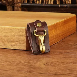 Durable leather belt key holder with solid brass snap hook, vintage style keychain acc.