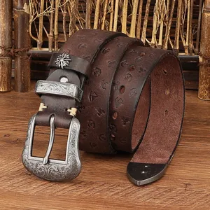 Vintage leather embossed pin buckle belt with carved metal hardware for men and women stylish.