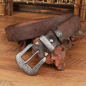 Vintage carved metal buckle genuine leather belt detailed view showcasing embossed cowhide.