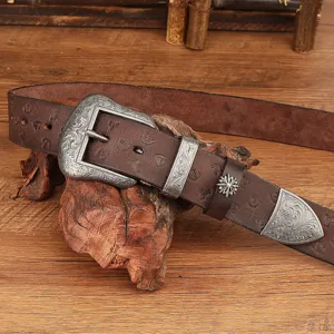 Vintage genuine leather belt with intricate floral engraved metal buckle and western style.