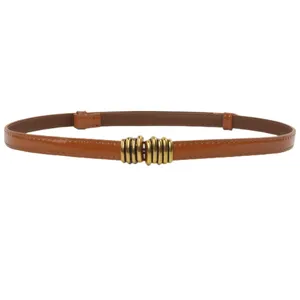 Women thin brown patent leather belt with vintage metal ring buckle for dress and suit.