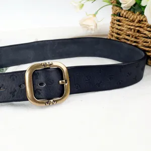 Vintage genuine leather belt for women with retro metal buckle and embossed strap details.
