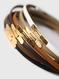 Detailaufnahme des schmalen Ledergürtels mit Metallschließe für das Damenkleider-Styling.
