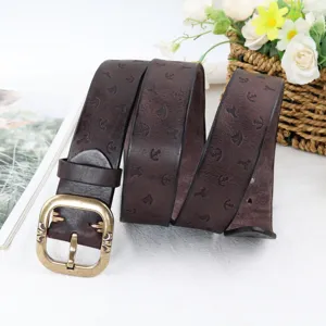Retro genuine leather belt for women vintage carved buckle casual waist belt denim jeans