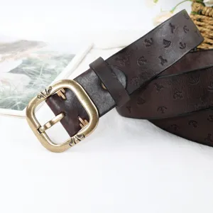 Handmade genuine leather retro embossed cowhide belt for women casual jeans fashion waist