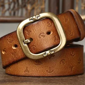 Women Vintage Genuine Leather Belt Retro Embossed Anchor Pattern Casual All-Match Jeans Pants Waist Belt