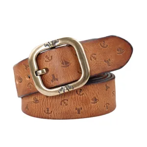 Vintage genuine leather belt for women with embossed anchor patterns and brass metal buckle.