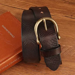 Vintage dark brown genuine leather men's belt with stylish brass horseshoe buckle casual design.