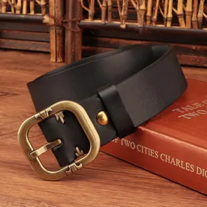 Vintage genuine leather belt for women with retro metal pin buckle and textured design.