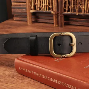 Handmade vintage genuine leather belt for women, casual cowhide waist strap with bronze buckle.
