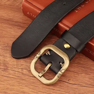 Vintage genuine leather belt for women with retro metal buckle and casual daily wear style.