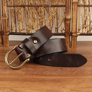 Retro genuine leather belt for men with horseshoe buckle, casual top-layer cowhide waist strap.