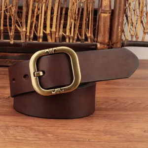 Vintage genuine leather belt for women with retro brass metal buckle casual jeans belt