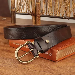Vintage genuine leather men's belt with retro metal buckle for jeans casual wear