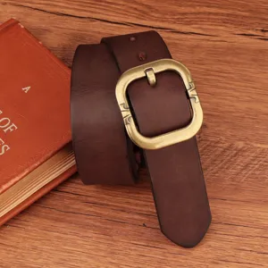 Retro genuine leather belt for women, premium cowhide with vintage carved metal buckle detail.