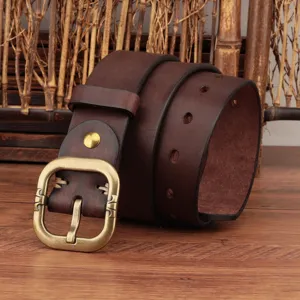 Vintage genuine leather belt for women, handmade brown cowhide casual jeans waist belt.