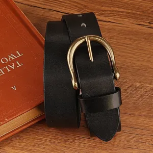 Detailed view of men's genuine top layer cowhide leather belt with vintage brass horseshoe buckle.