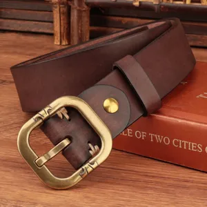 Handmade vintage genuine leather belt for women casual jeans waist belt with metal buckle