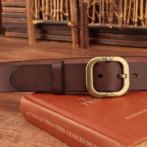Handmade genuine leather belt with vintage metal buckle, retro style brown waist belt for casual jeans.