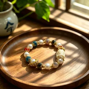 Handmade natural crystal multi-stone beaded bracelet with pearls and carved charm for women