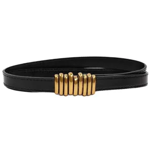 Women's slim black leather belt with stylish gold multi-ring metal buckle accessory.