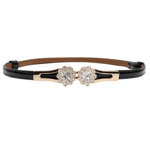 Damen schmaler schwarzer Taillengürtel mit Strass Blumen Metallschnalle für elegante Kleider.
