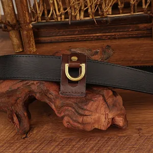 Handmade genuine leather men's belt key loop holder, vintage solid brass D-ring waist accessory.