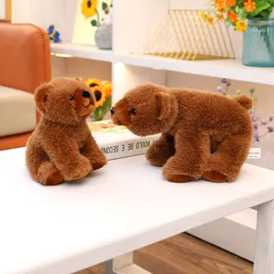 Vue détaillée de deux peluches d'ours brun réalistes posées sur une table blanche