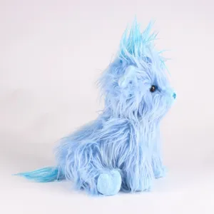 Vue de profil détaillée d'une peluche vache Highland bleue à longs poils soyeux