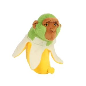 Vista macro dettagliata del peluche Sahur scimmia banana ibrida in verde e giallo
