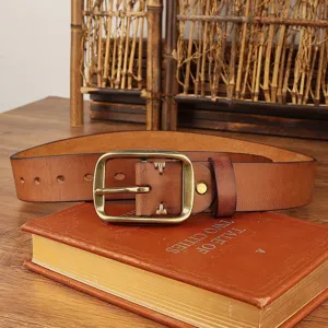 Vintage pin buckle leather belt for men and women, retro casual jean belt with brass hardware.