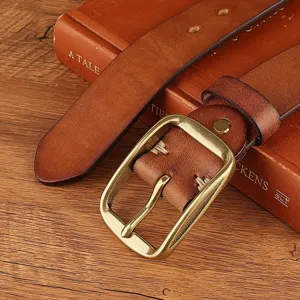 Vintage brown leather belt for men with retro brass pin buckle, casual jeans waist strap.
