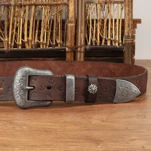 Retro genuine leather embossed pin buckle belt featuring exquisite carved metal hardware details.