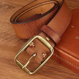 Retro leather belt with metallic pin buckle, classic brown strap for daily casual wear.