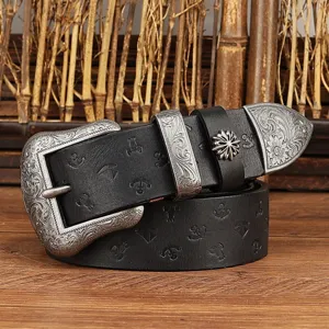 Vintage embossed genuine leather belt with intricate silver metal carved buckle and anchor motifs.