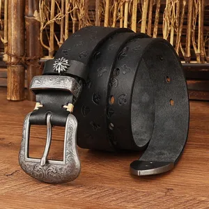 Vintage genuine leather embossed pin buckle belt with exquisite carved hardware details.