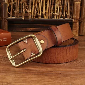 Vintage brown leather belt for men women, casual jeans pants pin buckle retro belt design.