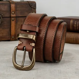 Vintage brown leather belt for women with brass buckle and fine stitching casual accessory