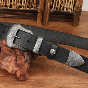Retro genuine leather belt with ornate carved metal buckle, gothic vintage waist strap for men.