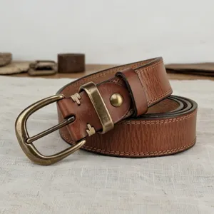 Vintage women's leather belt casual genuine cowhide waist strap with brass buckle