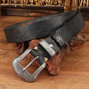 Retro genuine leather embossed pin buckle belt detail showing exquisite floral carved metal buckle.