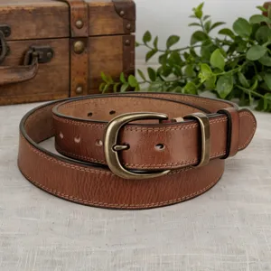 Women's vintage leather belt with brass buckle casual cowhide strap daily wear