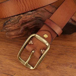 Close-up view of the vintage brown leather belt with metal pin buckle and detailed stitching texture.